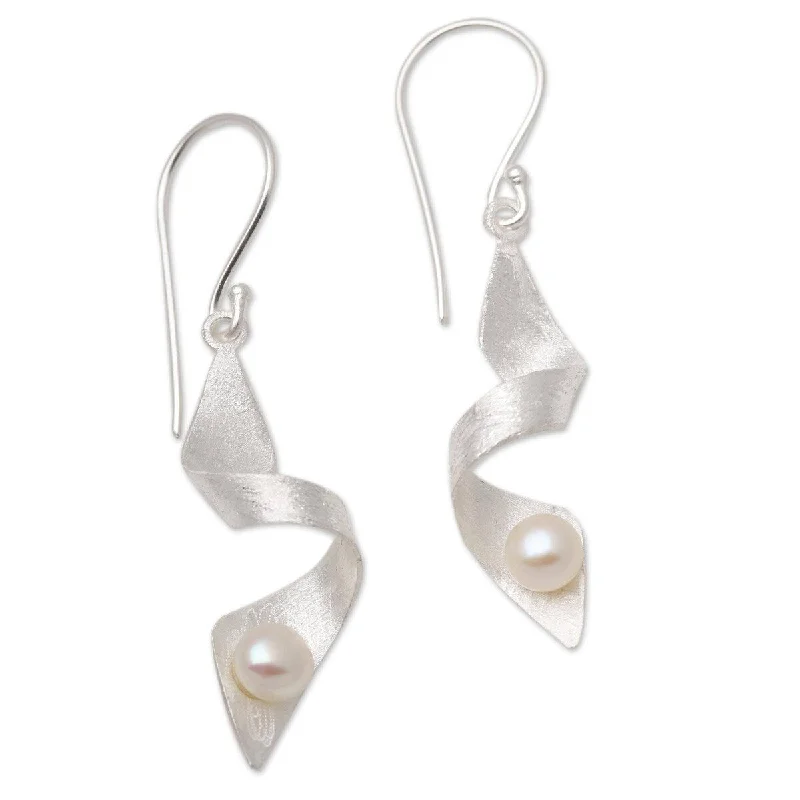 NOVICA Ribbon Whirl, Cultured pearl dangle earrings - 0.7*0.4