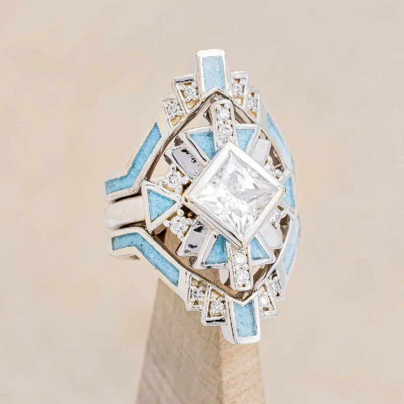 "CALLIANDRA" - BRIDAL SUITE - PRINCESS CUT MOISSANITE ENGAGEMENT RING WITH DIAMOND ACCENTS, TURQUOISE, & TRACERS