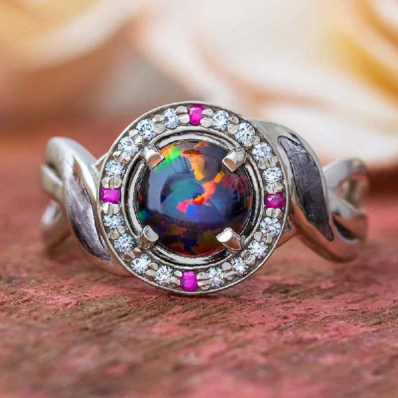 Opal Halo Engagement Ring with Diamond and Ruby Accents