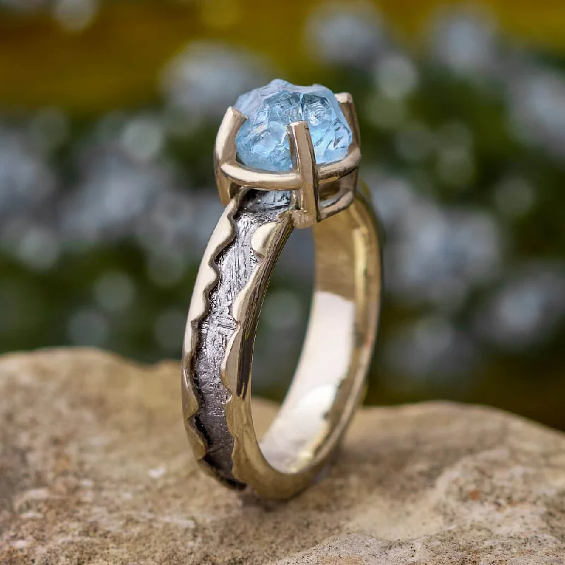 Rough Aquamarine Engagement Ring with Meteorite