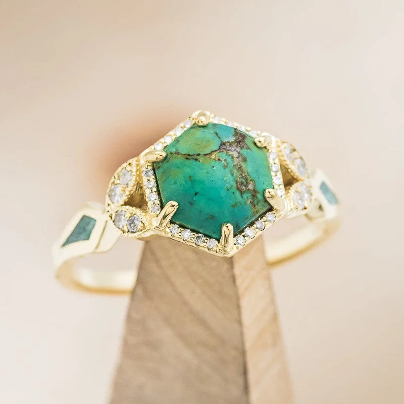 "LUCY IN THE SKY" - HEXAGON CABOCHON CUT TURQUOISE ENGAGEMENT RING WITH DIAMOND ACCENTS & MALACHITE INLAYS