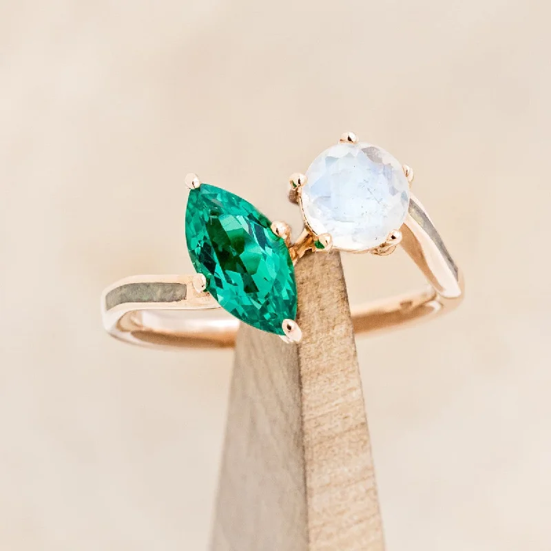 "JOSEPHINE" - TOI ET MOI MARQUISE CUT LAB-GROWN EMERALD ENGAGEMENT RING WITH MOONSTONE ACCENT & FIRE & ICE OPAL INLAYS