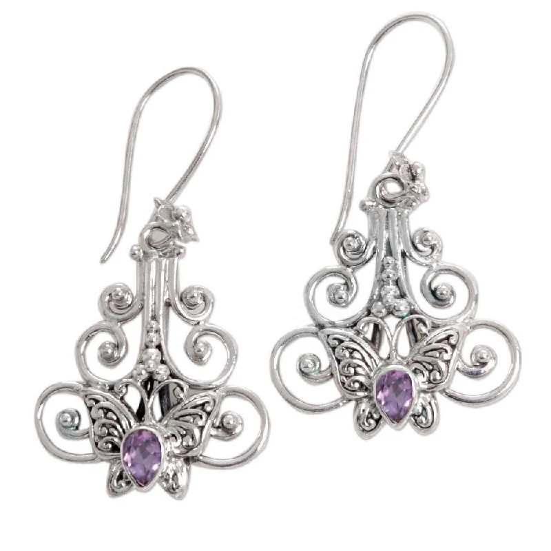 Handmade Resting Butterfly Sterling Silver Amethyst Earrings (Indonesia) - 0.3