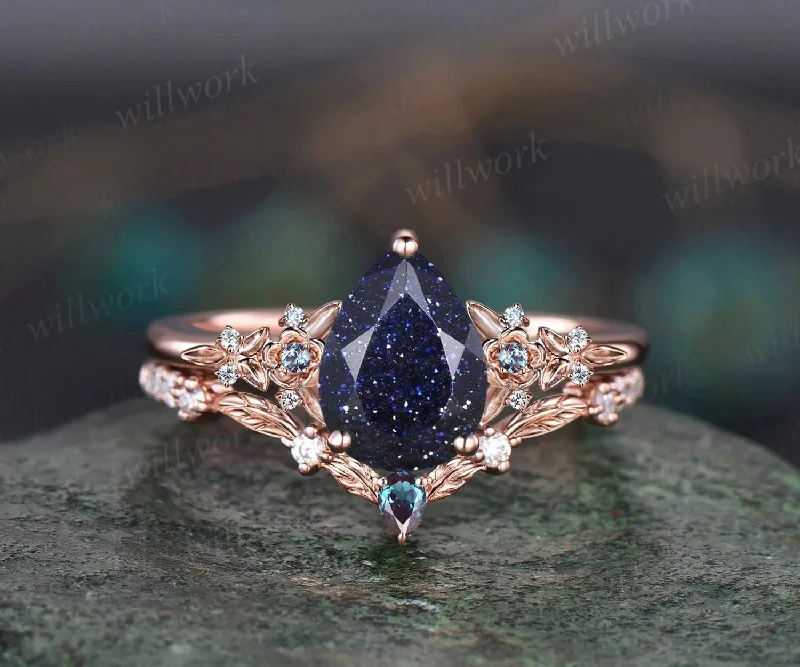 Unique Leaf Flower Nature Inspired Ring Teardrop Blue Sandstone Engagement Ring Set Art Deco Alexandrite Moissanite Galaxy Healing Jewelry