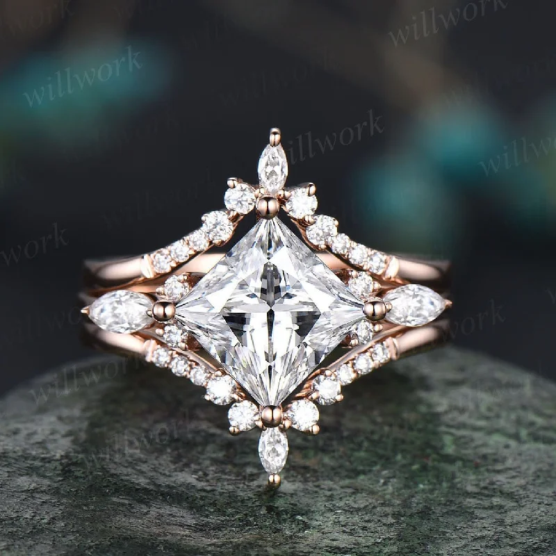 Vintage princess cut moissanite engagement ring set 14k rose gold unique engagement ring marquise cut moissanite ring set fine jewelry women