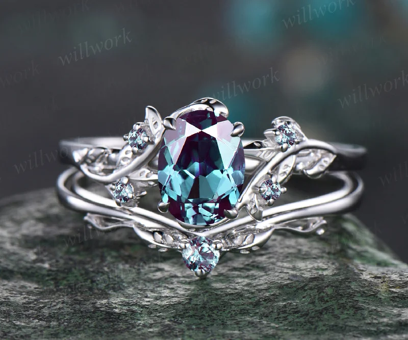 Vintage Oval Cut Alexandrite Engagement Ring Set Unique Leaf Vine Twig Branch Leaf Nature Inspired Wedding Ring Set June Birthstone Color Change Alexandrite 2pcs Bridal Ring Set Gift For Women