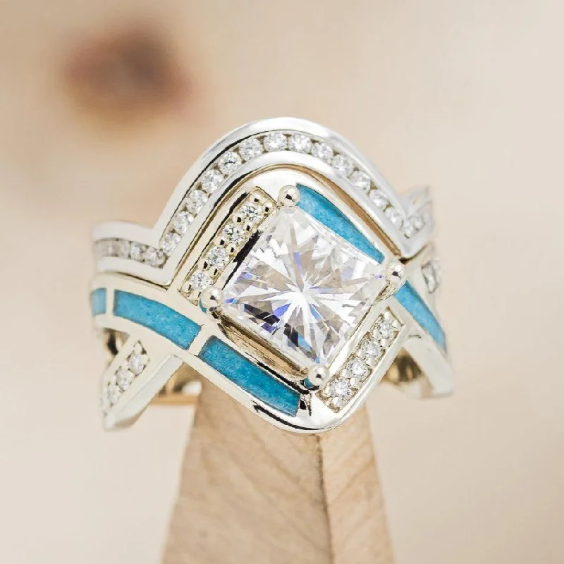 "HELIX" - PRINCESS CUT MOISSANITE ENGAGEMENT RING WITH DIAMOND ACCENTS, TURQUOISE INLAYS & A DIAMOND TRACER