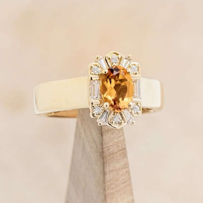 "CLEOPATRA" - OVAL CITRINE ENGAGEMENT RING WITH DIAMOND HALO IN A CIGAR STYLE BAND