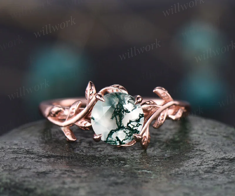 Round cut moss agate ring for women dainty vintage moss agate engagement ring leaf flower art deco rose gold wedding bridal promise ring