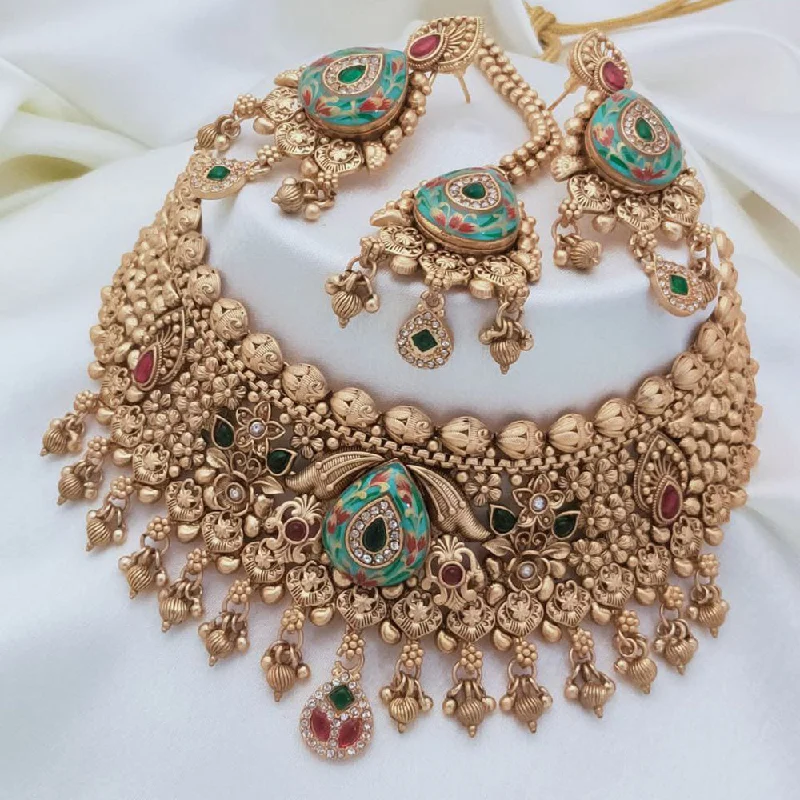 Akruti Collection Gold Plated Pota Stone And Pearls Meenakari Choker Necklace Set