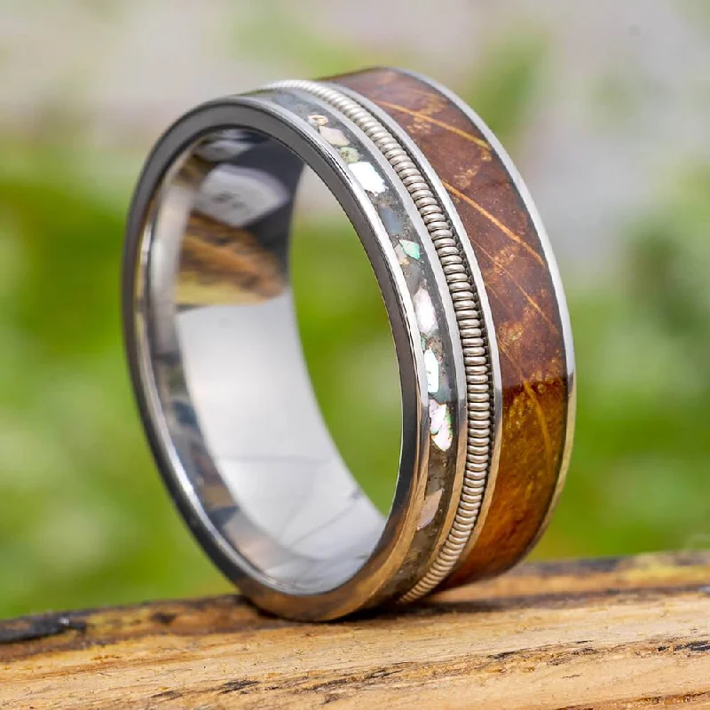 Guitar String Ring With Whiskey Barrel Oak Wood & Abalone