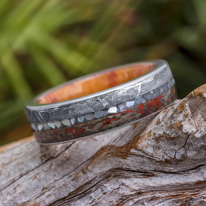 Mother of Pearl Wedding Ring With Dinosaur Bone And Meteorite, Wood Sleeve Ring