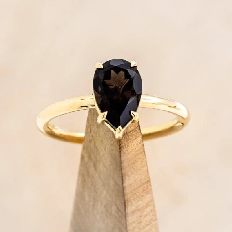 "MAVEN" - CLAW PRONG PEAR CUT SMOKY QUARTZ SOLITAIRE ENGAGEMENT RING