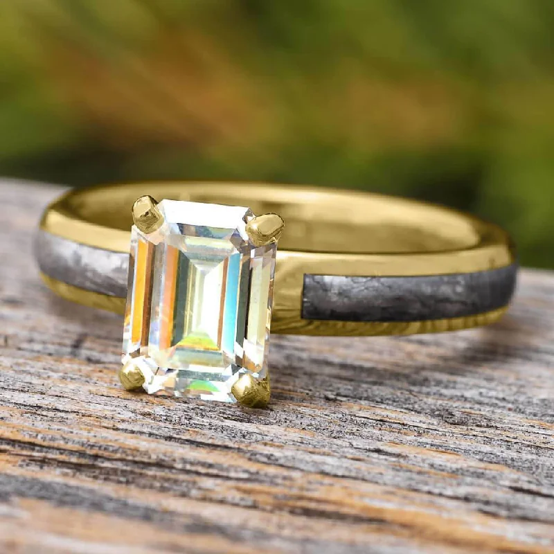 Emerald Cut Solitaire Engagement Ring with Meteorite