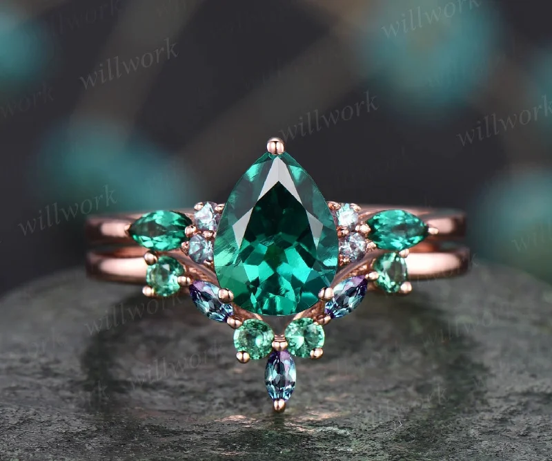 Vintage pear shaped emerald engagement ring rose gold marquise alexandrite ring green gemstone ring art deco unique wedding ring set women