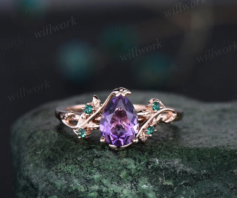 Amethyst ring vintage pear Amethyst engagement ring 14k rose gold twig leaf emerald bridal wedding ring women February birthstone ring gift