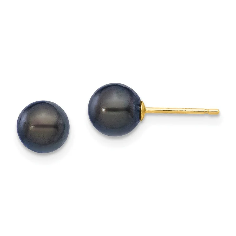 14k Yellow Gold Black Saltwater Akoya Cultured Pearl Stud Earrings (L-6 mm, W-7 mm)