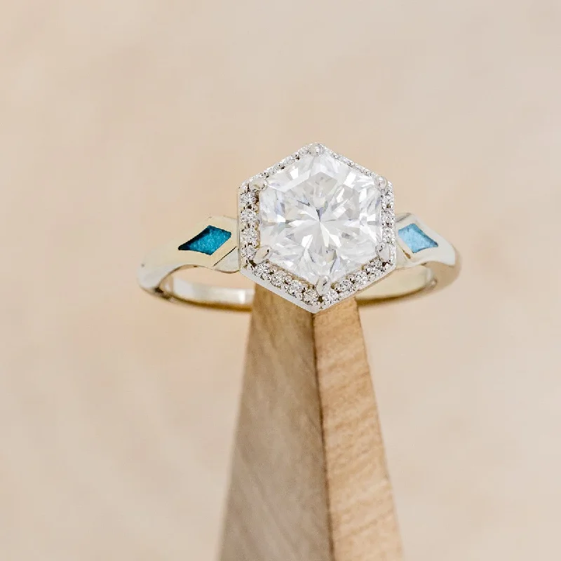 "CRAZY ON YOU" - HEXAGON MOISSANITE ENGAGEMENT RING WITH DIAMOND HALO & TURQUOISE INLAYS