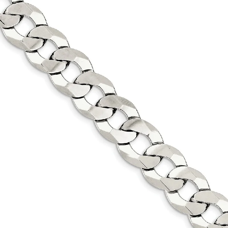 13.5mm Sterling Silver Solid Flat Curb Chain Bracelet, 9 Inch