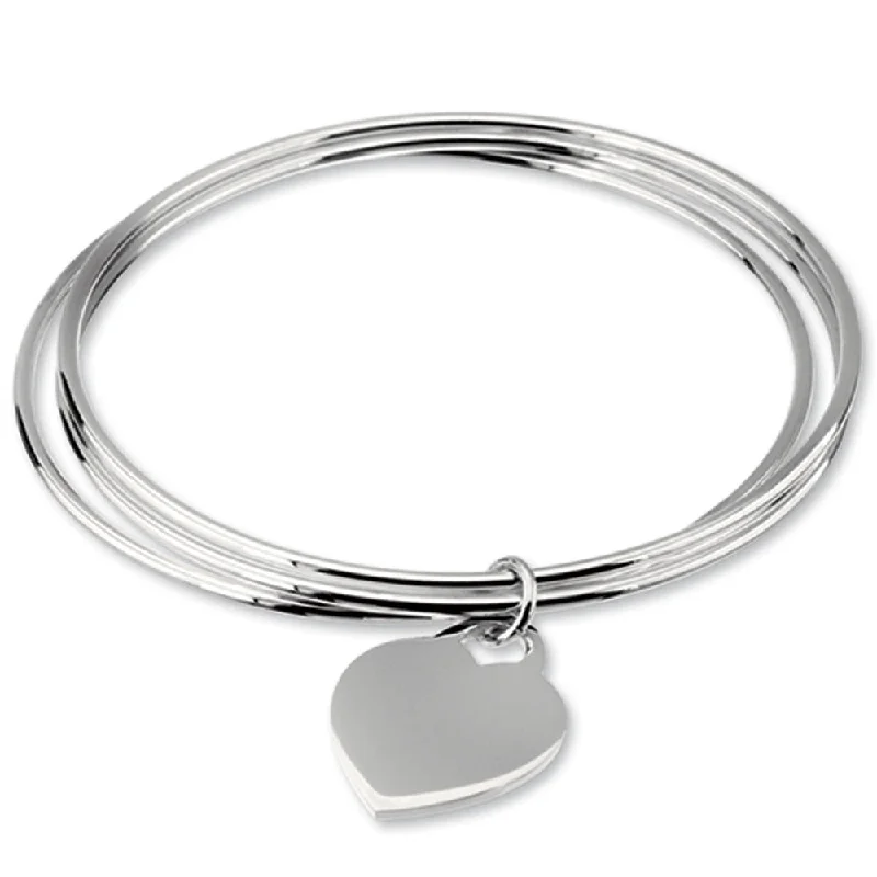 Sterling Silver Triple Bangle with Heart Charm Bracelet, 8 Inch