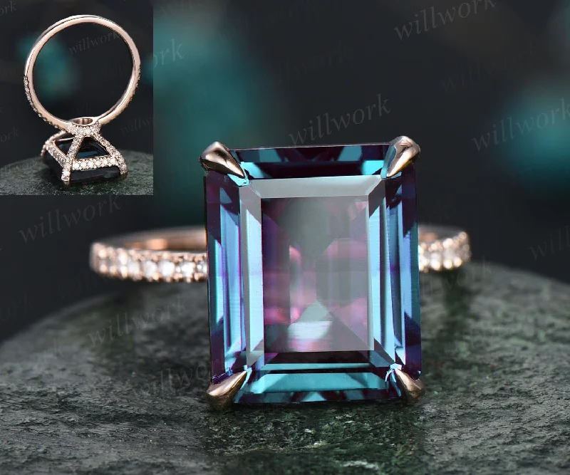 Alexandrite ring vintage unique emerald cut Alexandrite engagement ring for women under halo basket diamond ring rose gold dainty jewelry