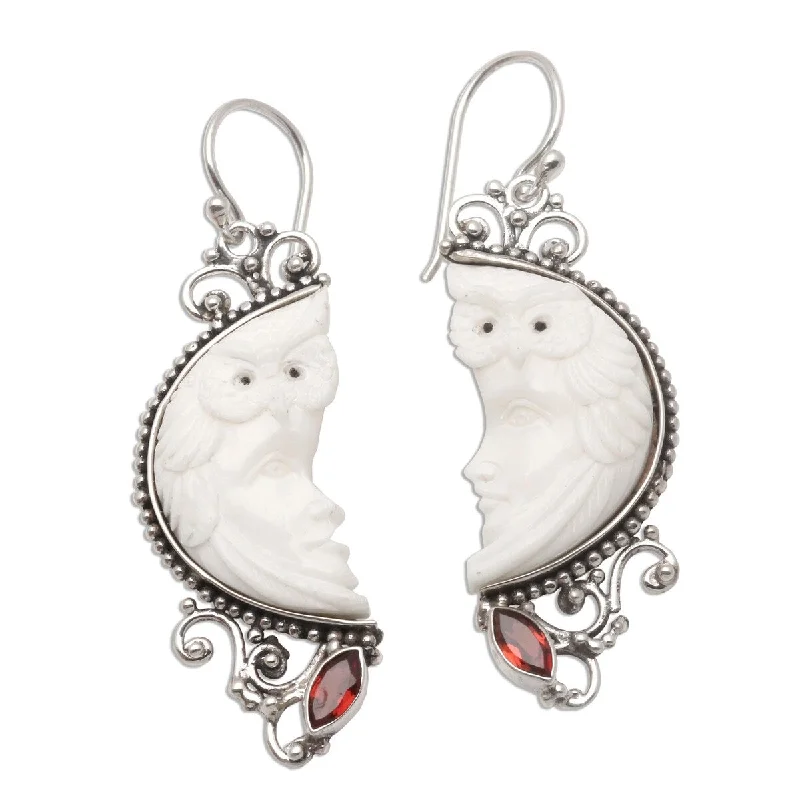 NOVICA Owl Protector, Garnet and bone dangle earrings - 2*0.6