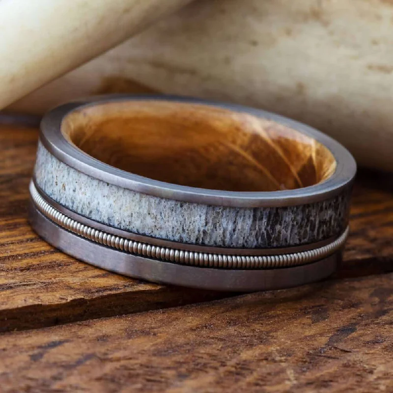 Antler and Guitar String Ring With Whiskey Barrel Wood Sleeve