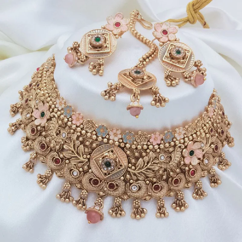 Akruti Collection Gold Plated Pota Stone And Pearls Meenakari Choker Necklace Set