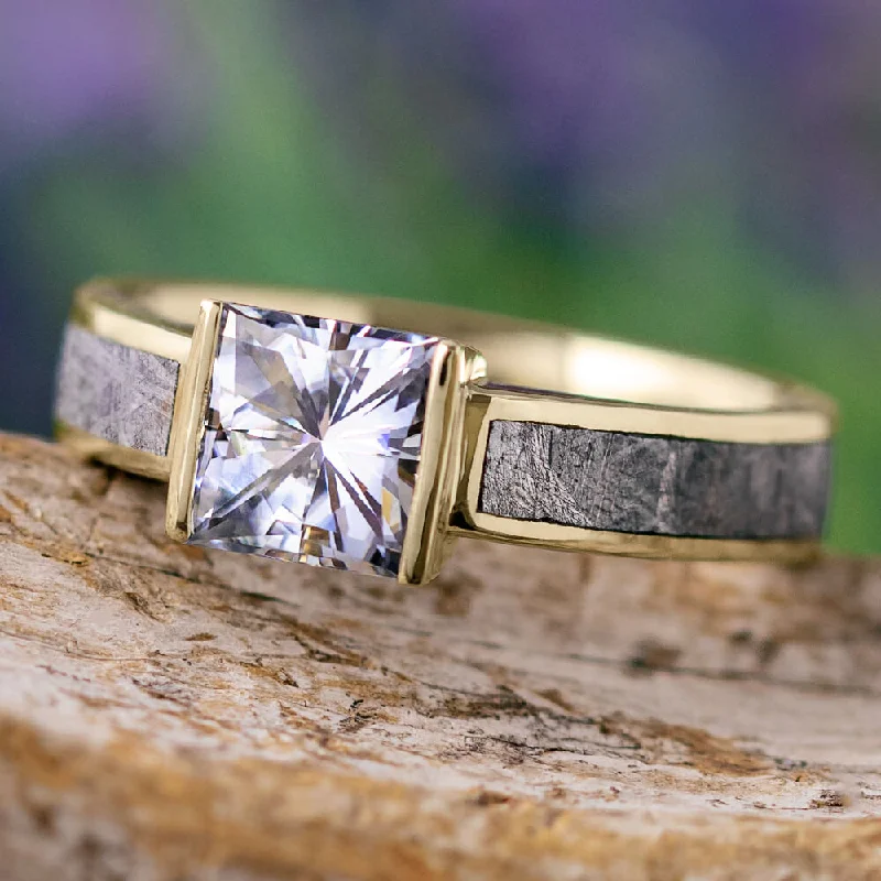 Meteorite Engagement Ring With Princess Cut Moissanite