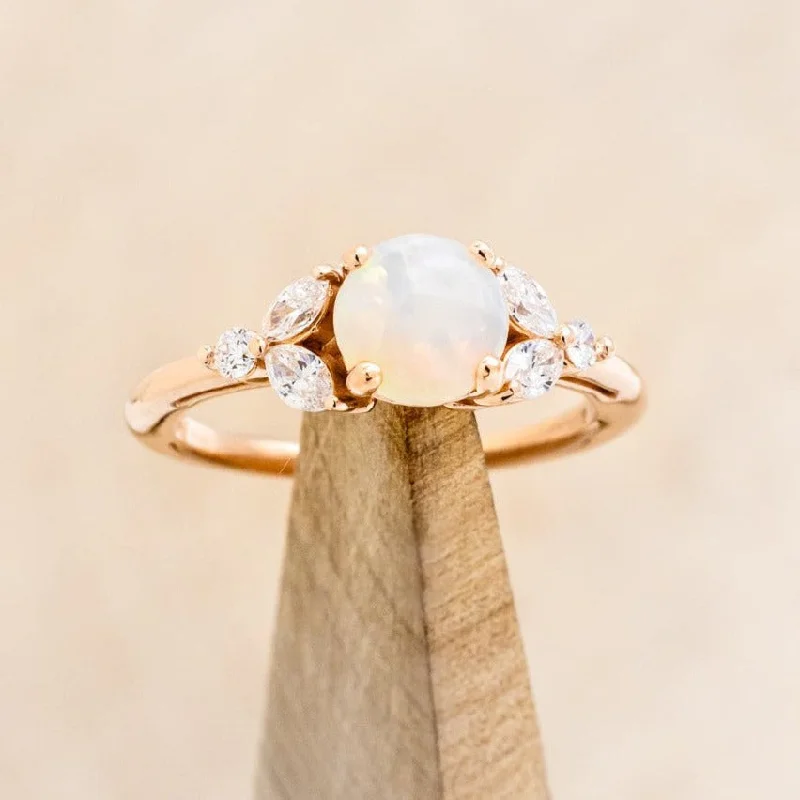 "BLOSSOM" - ROUND CUT OPAL ENGAGEMENT RING WITH LEAFCUT DIAMOND ACCENTS