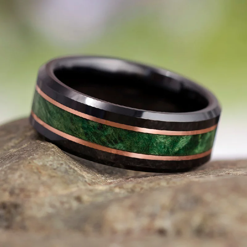 Green Wood & Black Ceramic Ring With Pinstripes