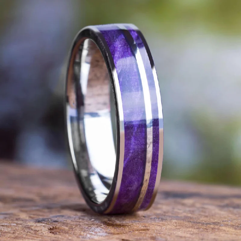 Purple Box Elder Wood Wedding Band with Titanium Pinstripe