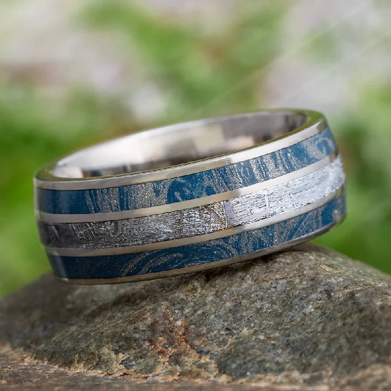 Meteorite & Blue Mokume Gane Men's Wedding Band