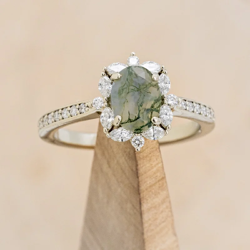 "LOLA" - OVAL MOSS AGATE ENGAGEMENT RING WITH DIAMOND HALO & ACCENTS