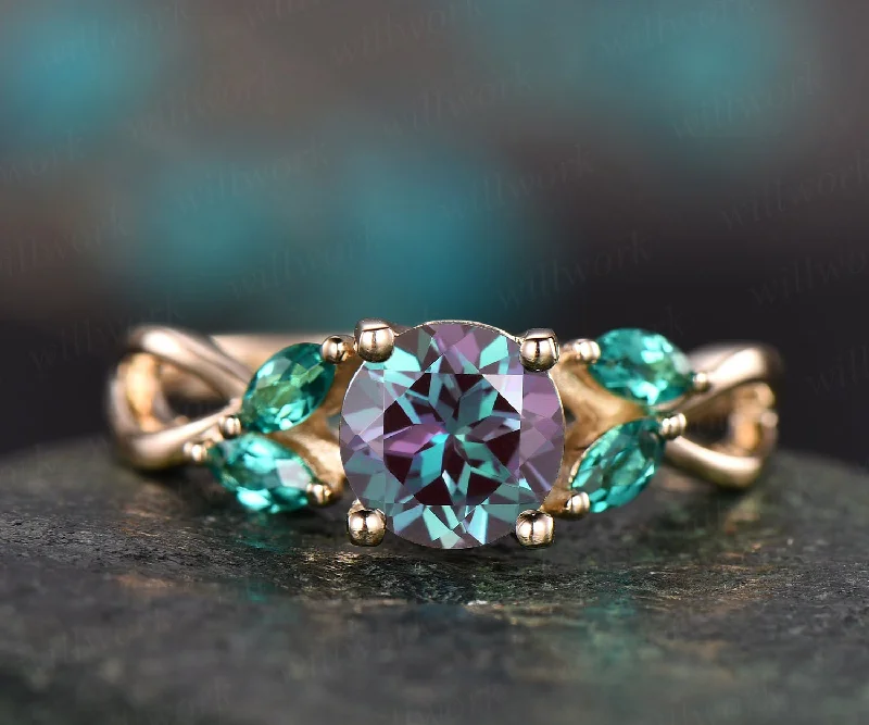 Color change Alexandrite engagement ring rose gold marquise emerald ring vintage Alexandrite ring for women Alexandrite jewelry bridal ring