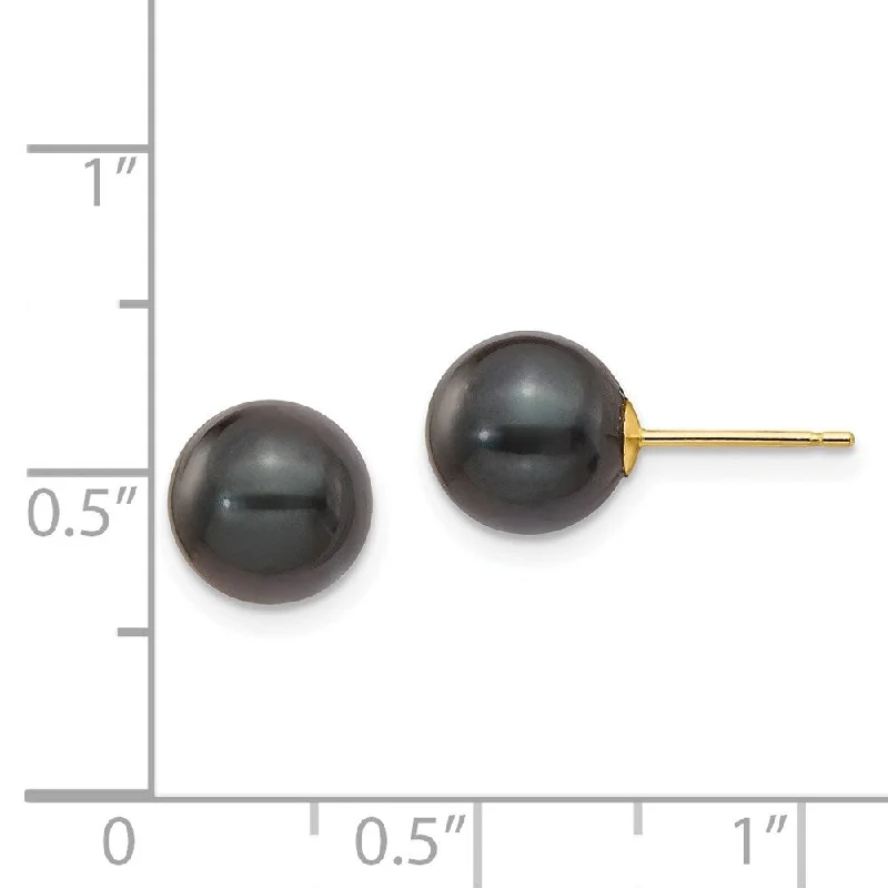 14k Yellow Gold Round Black Saltwater Pearl Stud Earrings (L-8 mm, W-9 mm)