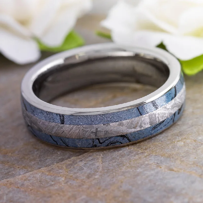 Blue Wedding Band with Gibeon Meteorite and Mokume