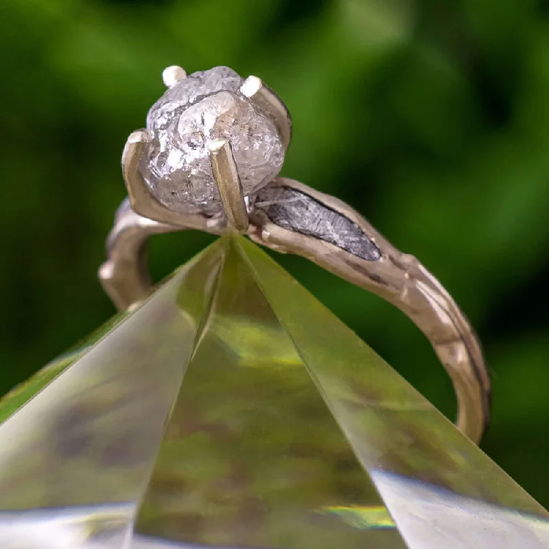 Rough Diamond Engagement Ring With Branch Style Band Inlaid With Meteorite