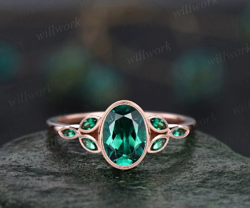 Vintage bezel oval green emerald engagement ring Marquise cut emerald ring solid 14k rose gold antique gemstone ring women fine jewelry gift