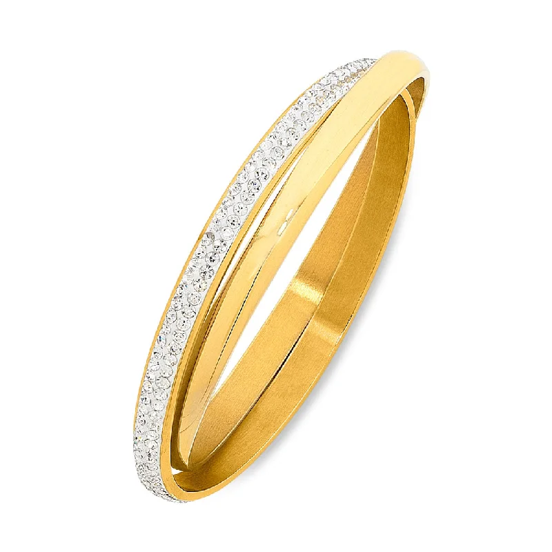 Stainless Steel Gold Colour Plain & Crystal Double Bangle