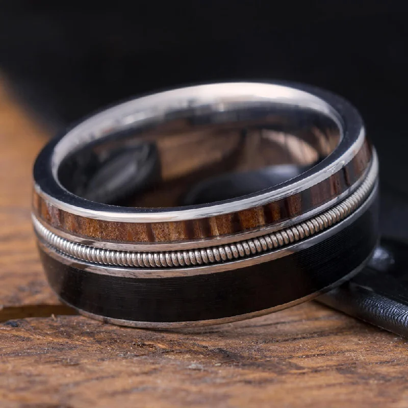 Guitar String Ring With Vinyl LP Record, Palm Wood Wedding Band