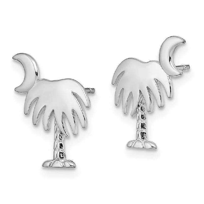 Diamond2Deal 14K White Gold White Charleston Palm Tree w/Moon Stud Earrings (L- 14.97 mm, W- 13.28 mm)