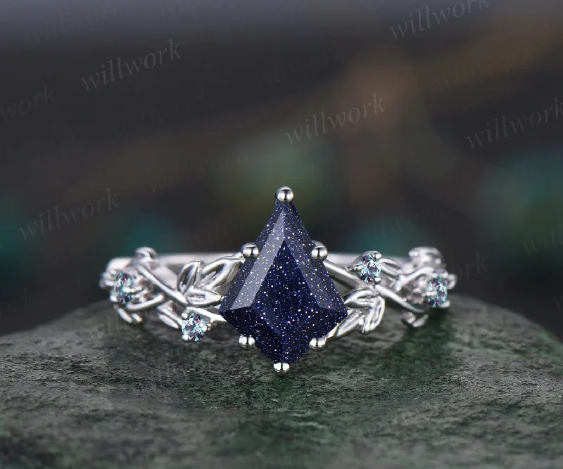 Galaxy Kite Cut Blue Sandstone Engagement Ring Unique June Birthstone Alexandrite Five Stone Wedding Ring Vine Twig Branch Leaf Nature Inspired Bridal Ring