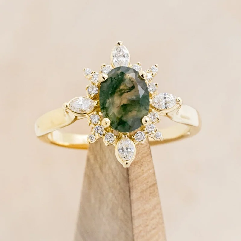 "AZALEA" - OVAL MOSS AGATE ENGAGEMENT RING WITH DIAMOND HALO