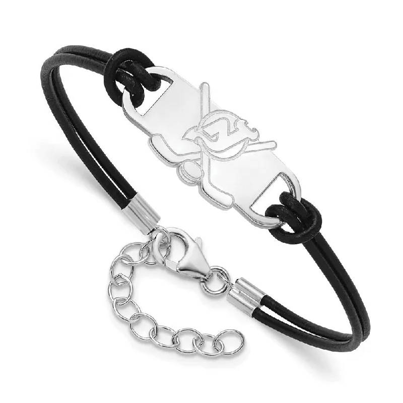 Sterling Silver Rh-Plated NHL New Jersey Devils Leather Bracelet, 7 In