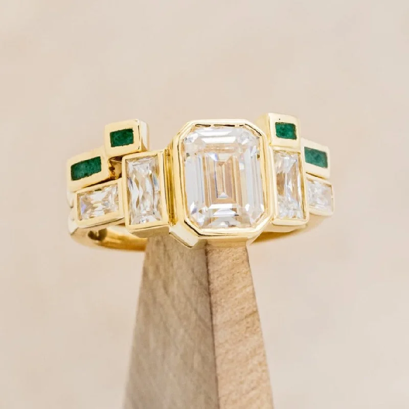 "GRETA" - BEZEL SET EMERALD CUT MOISSANITE ENGAGEMENT RING WITH MALACHITE STACKING BAND