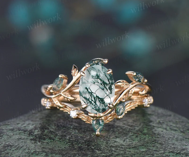 Vintage oval cut green moss agate engagement ring yellow gold art deco cluster leaf nature inspired bridal promise wedding ring set women