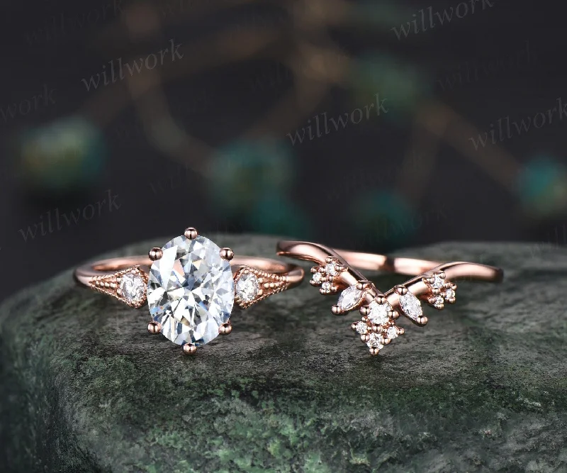 Vintage style 2ct oval moissanite engagement ring set rose gold three stone art deco cluster diamond wedding bridal ring set women jewelry