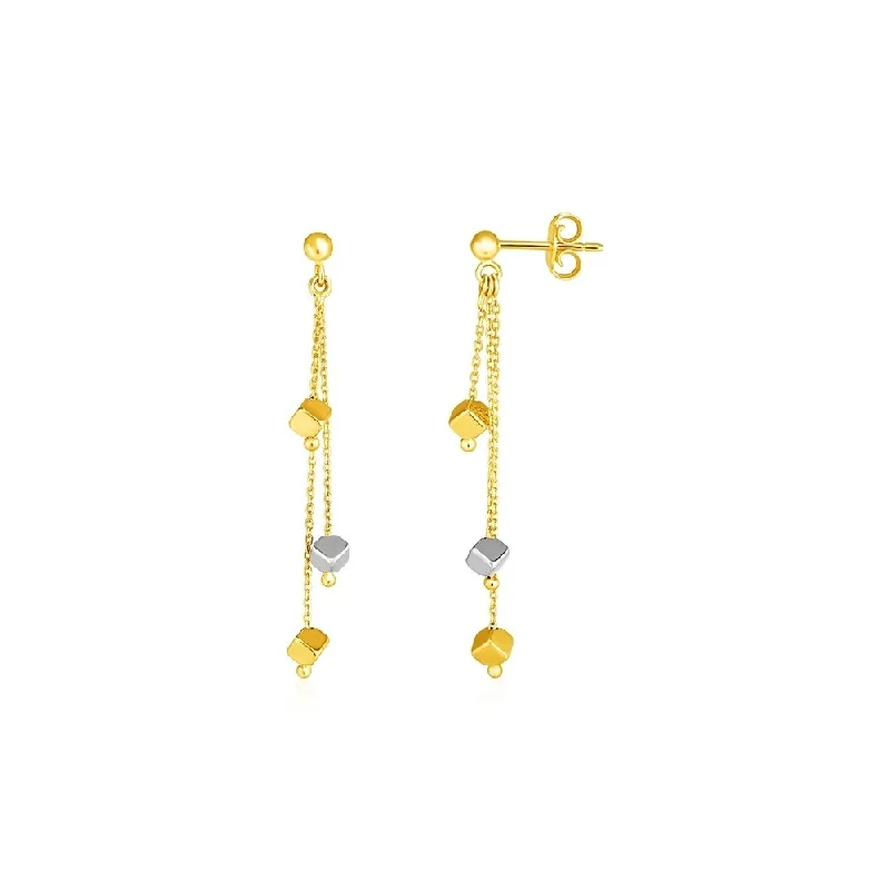 14k Tri Color Gold Post Earrings with Polished Cube Dangles