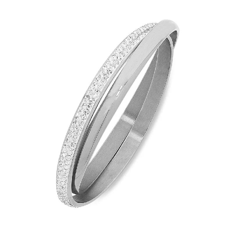 Stainless Steel Plain & Crystal Double Bangle